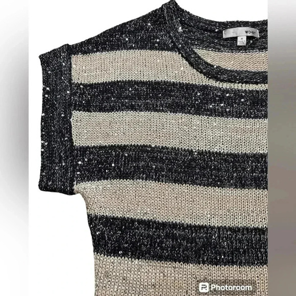 Sequinned striped knit short sleeve sweater, Medium, cream & blue Coastal Preppy - Picture 5 of 8